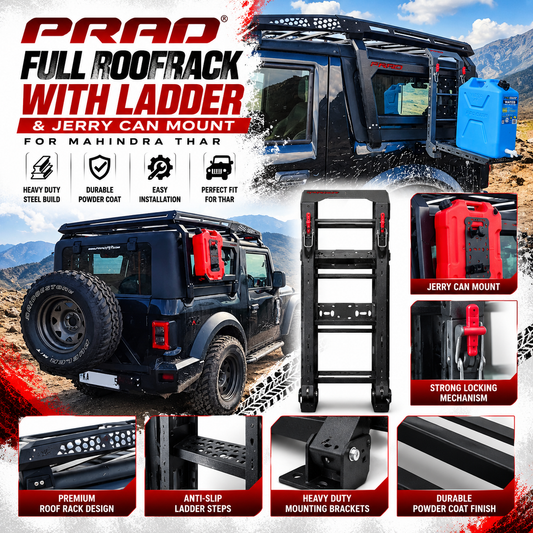 PRAD Full Roof Rack with Ladder and Jerry Can Mount installed on Mahindra Thar 3-Door