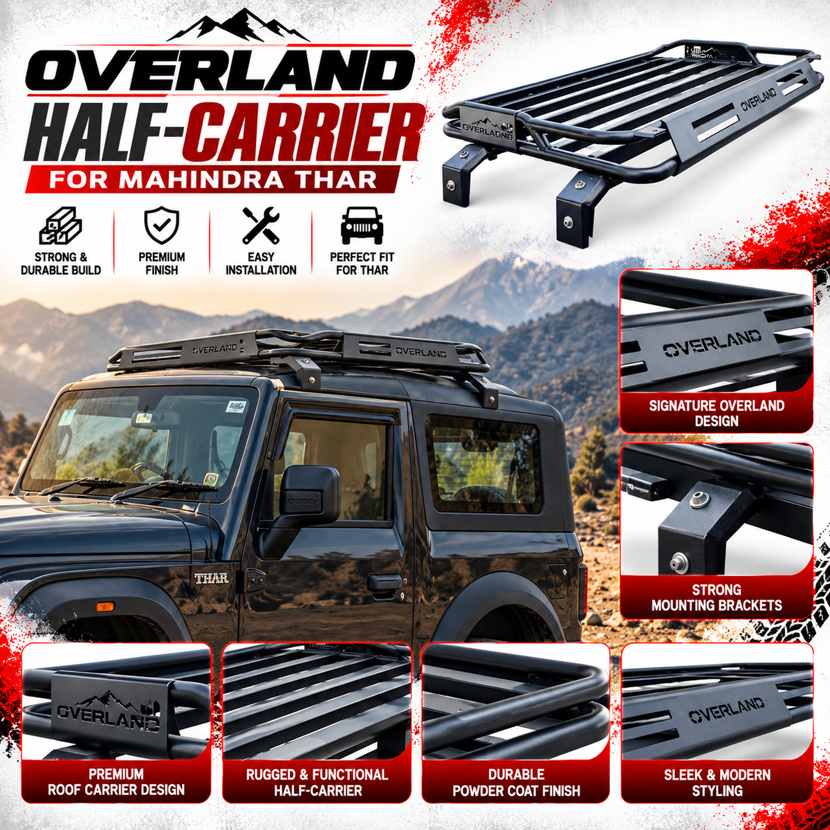 Overland Half Carrier roof rack for Mahindra Thar 3 Door