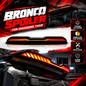 Premium red-and-black Bronco Spoiler for Mahindra Thar, featuring amber-red LED lighting, a detailed spoiler product showcase, and a dramatic rear-view installation with bold automotive graphics and feature icons.