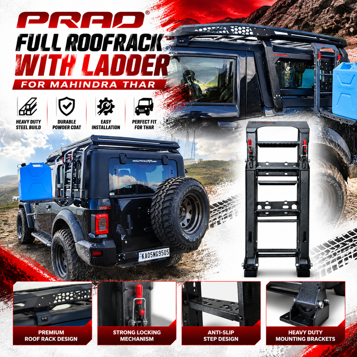 PRAD Full Roof Rack with Ladder installed on Mahindra Thar 3-Door
