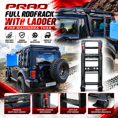 PRAD Full Roof Rack with Ladder installed on Mahindra Thar 3-Door