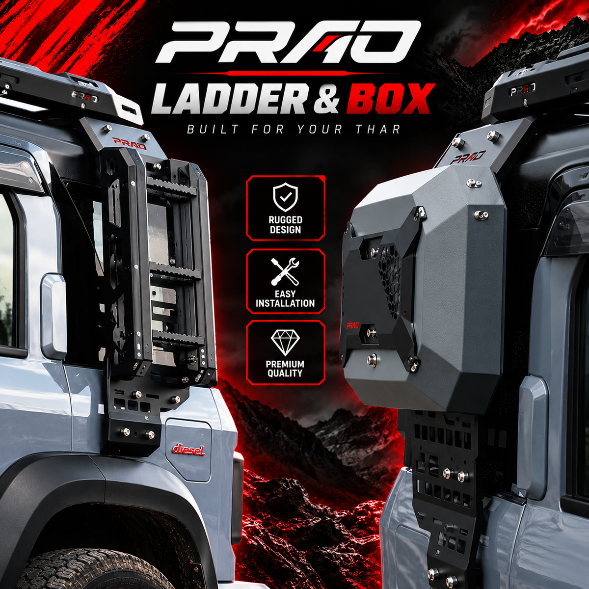 PRAD Utility Box and Rear Ladder for Mahindra Thar 3-Door in Premium Rugged Metal Design